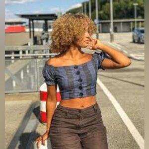 Angie Blue & Black Striped Cotton Crop Top - M